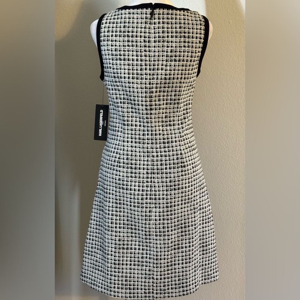 KARL LAGERFELD PARIS Women's Jacquard Contrast-Frame BlackWhite Sleeveless Dress - Picture 7 of 9